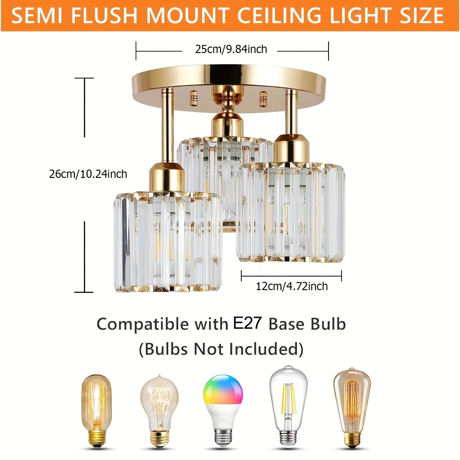 3-Light Semi Flush Mount Ceiling Light with Luxury Crystal in Gold
