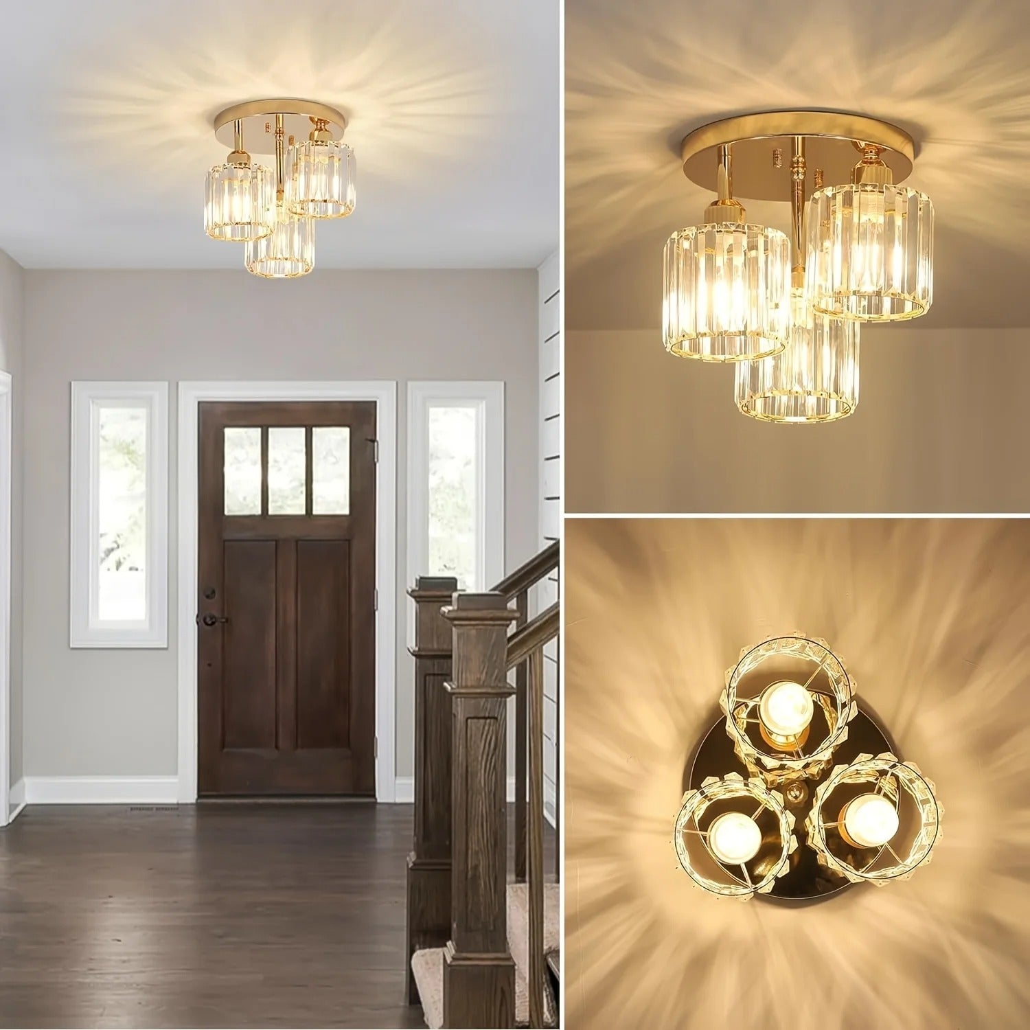 3-Light Semi Flush Mount Ceiling Light with Luxury Crystal in Gold