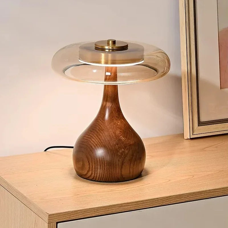 Modern Accent Light – Glass Table Lamp with Brass and Wood Elements