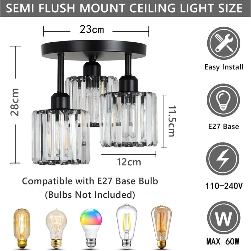 3-Light Semi Flush Mount Ceiling Light with Luxury Crystal in Gold