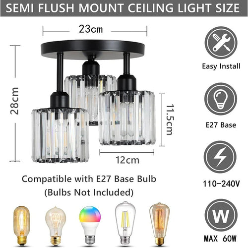 3-Light Semi Flush Mount Ceiling Light with Luxury Crystal in Gold