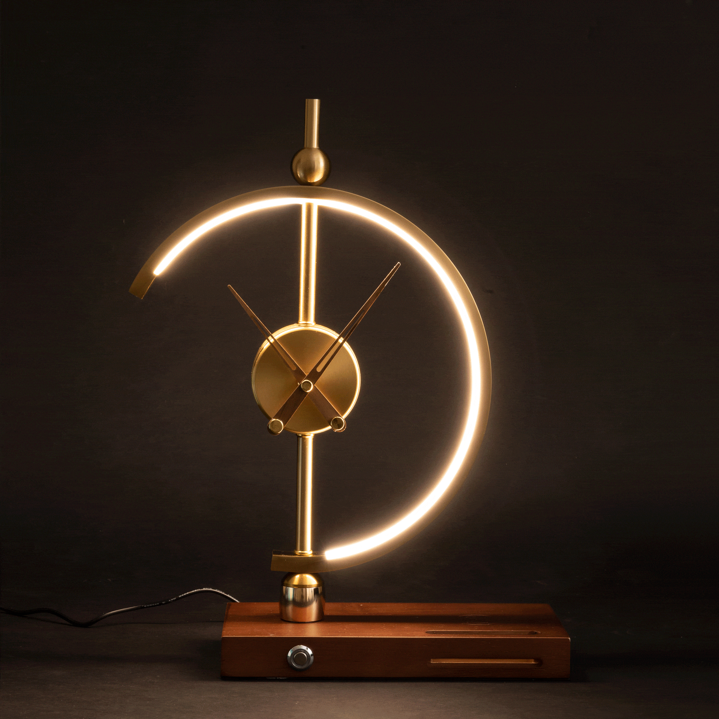 Wooden Base Table Lamp with Clock and LED Light