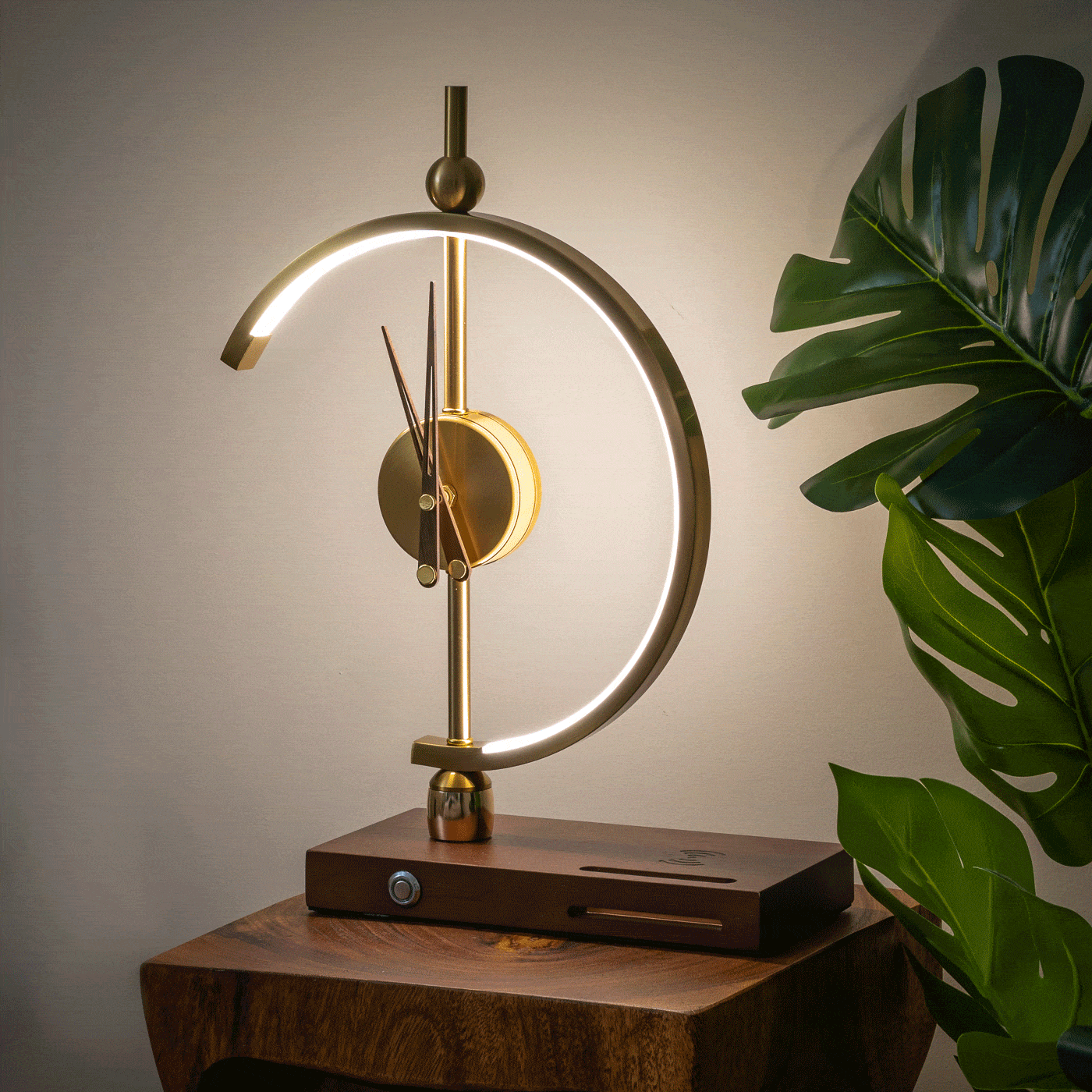 Wooden Base Table Lamp with Clock and LED Light