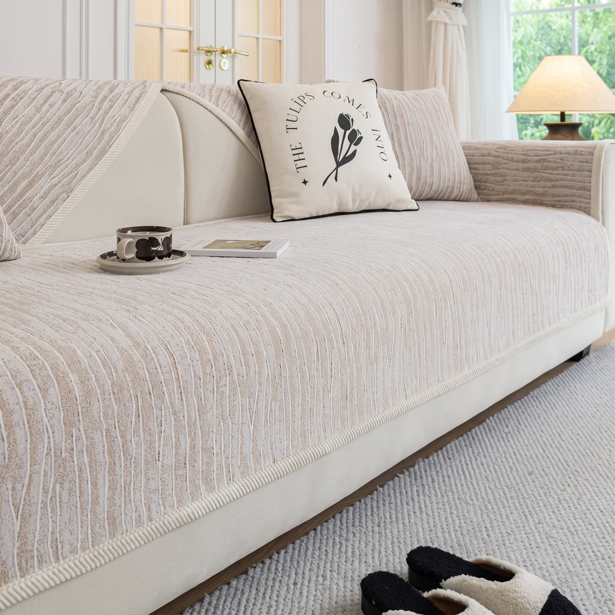 Textured Wave Sofa Slipcover with Non-Slip Design and Contrast Edging