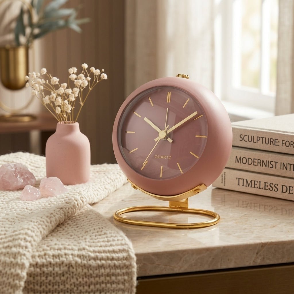 Round Desk Clock in Minimalist Style with Gold Base