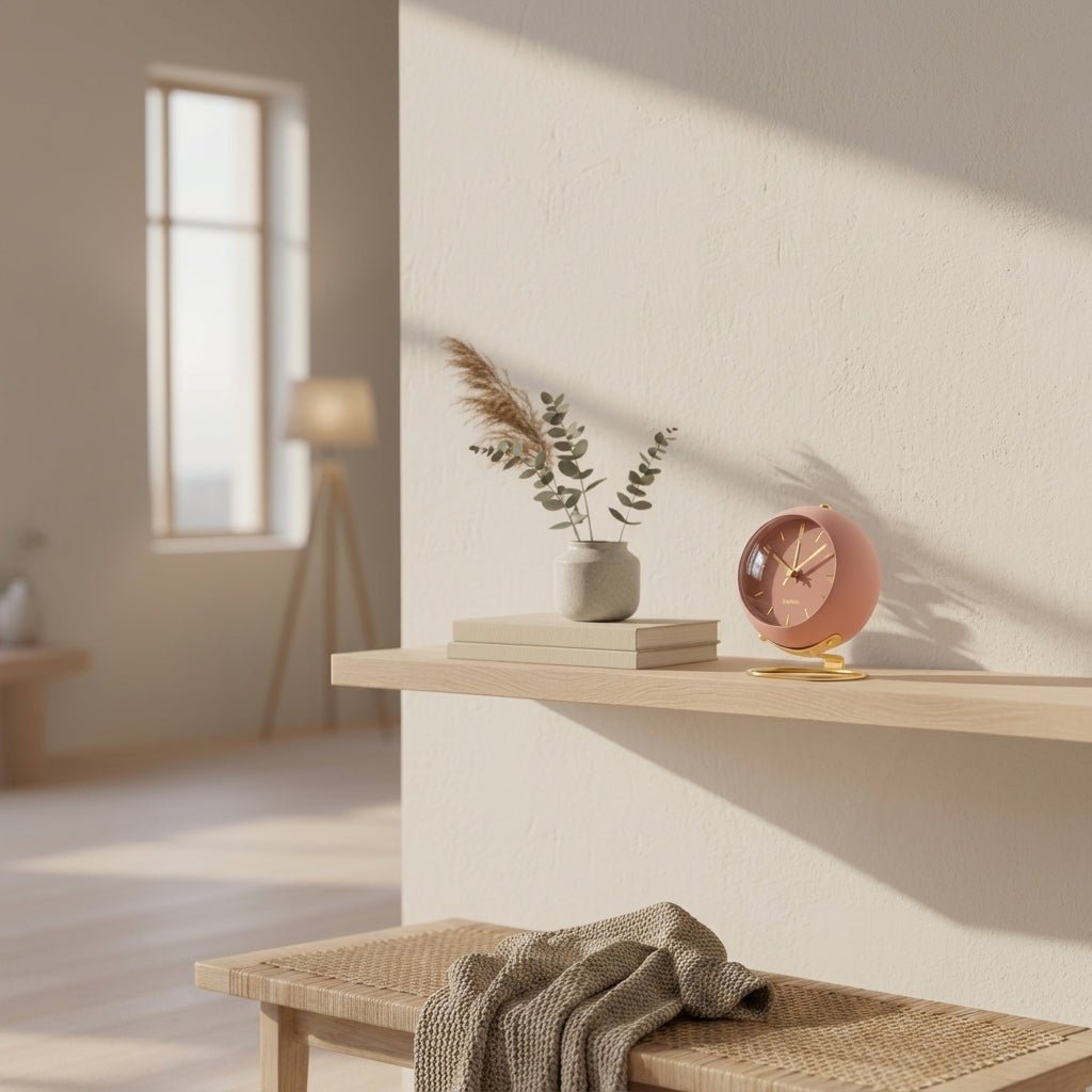 Round Desk Clock in Minimalist Style with Gold Base