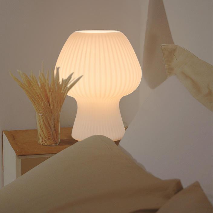 Mushroom-Shaped Glass Lamp – Vintage Ribbed Design for Bedside Use