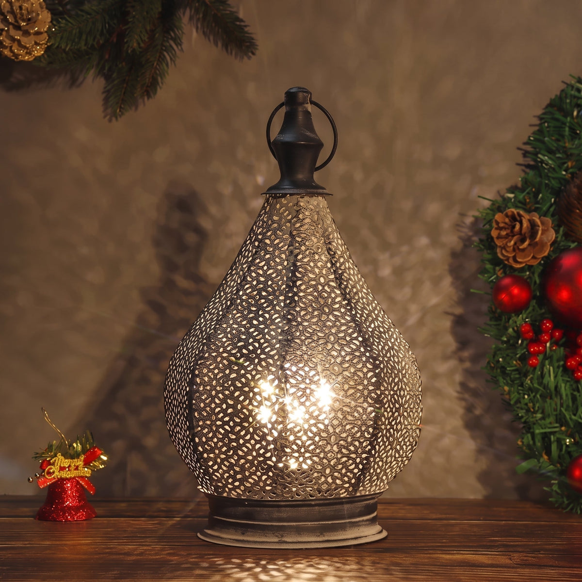 Decorative Metal Lantern with Filigree Cutouts for Table Display