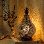 Decorative Metal Lantern with Filigree Cutouts for Table Display