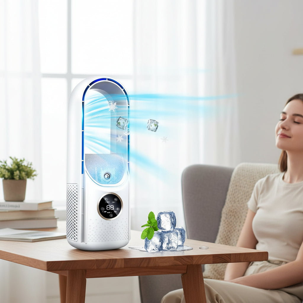 Bladeless Fan with Evaporative Cooling for Portable Air Conditioning