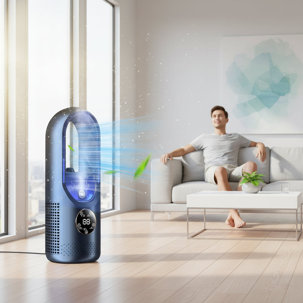Bladeless Fan with Evaporative Cooling for Portable Air Conditioning