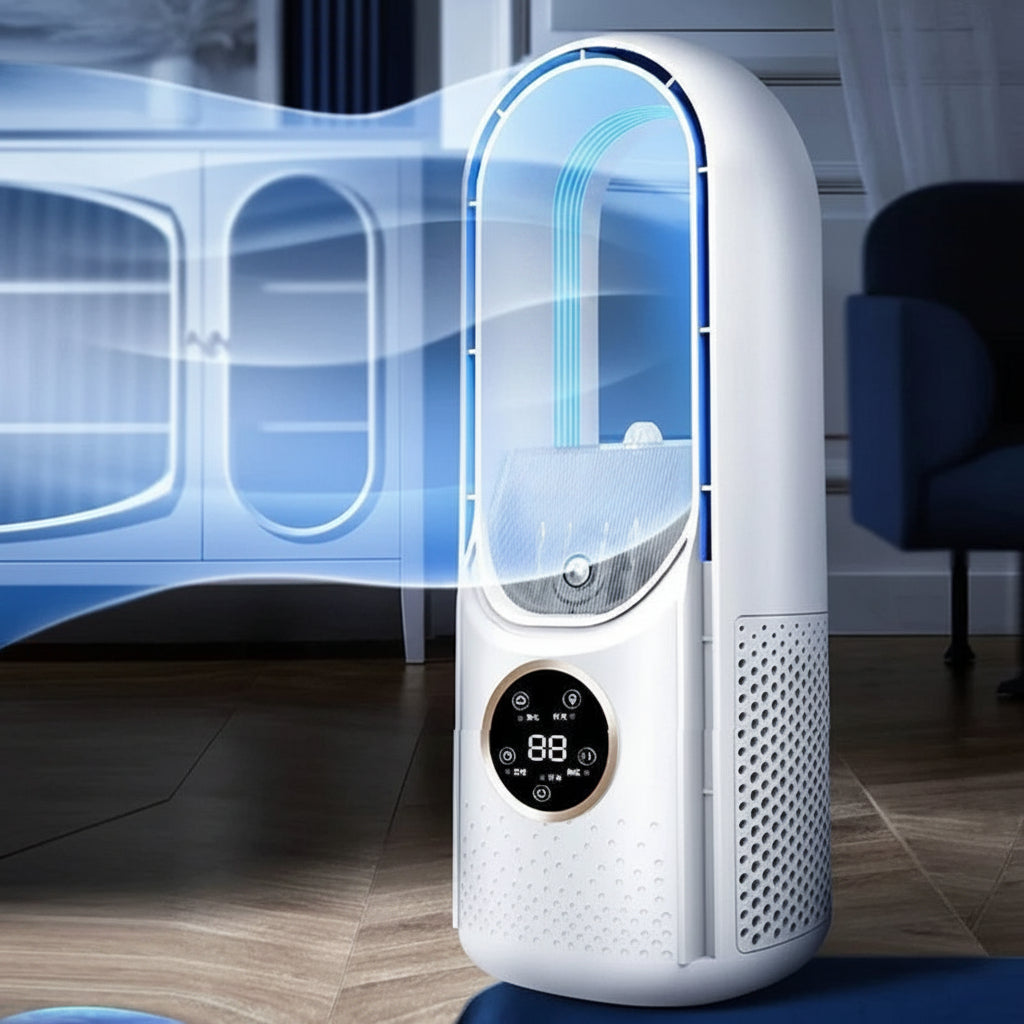 Bladeless Fan with Evaporative Cooling for Portable Air Conditioning