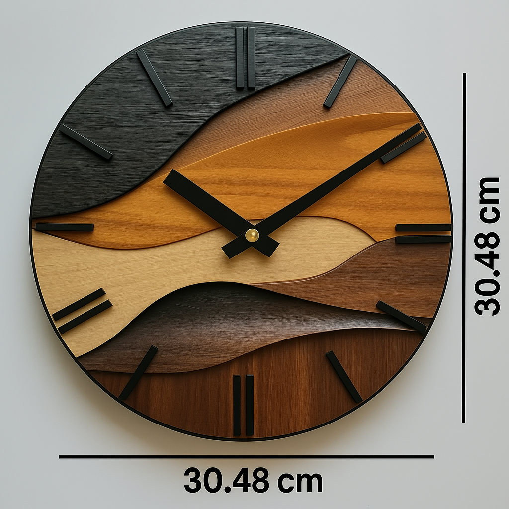 Round Glass Wall Clock with Faux Wood Grain - Nordic Style Decor