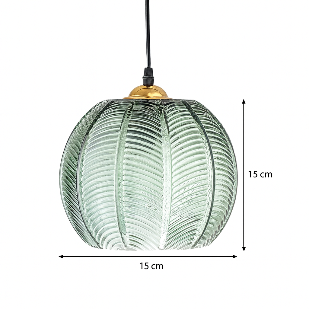 Green Hanging Light with Ribbed Glass Shade - Vintage Pendant Lamp