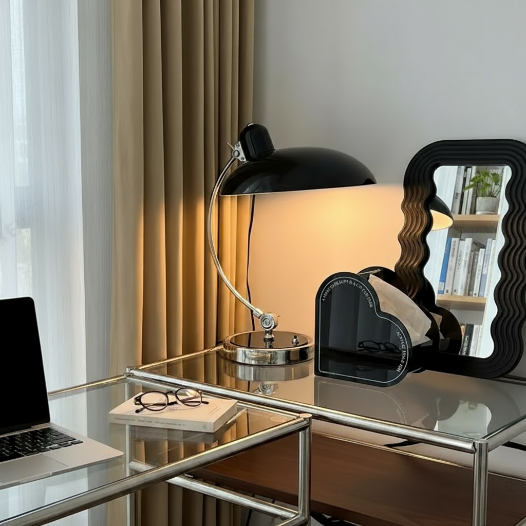 Curved Metal Table Lamp with Bauhaus Inspiration in Scandinavian Style
