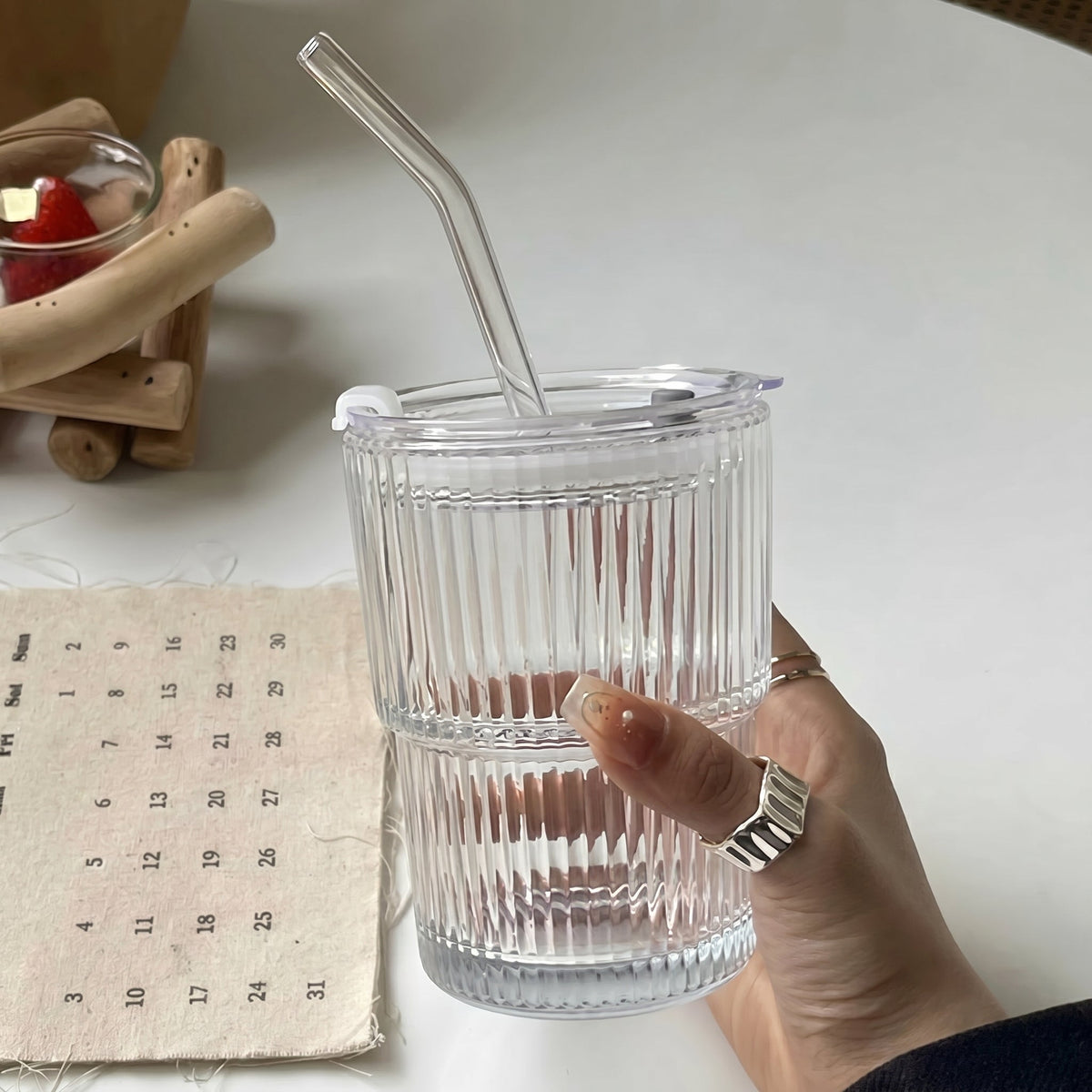 Straw-Equipped Ribbed Beverage Glass
