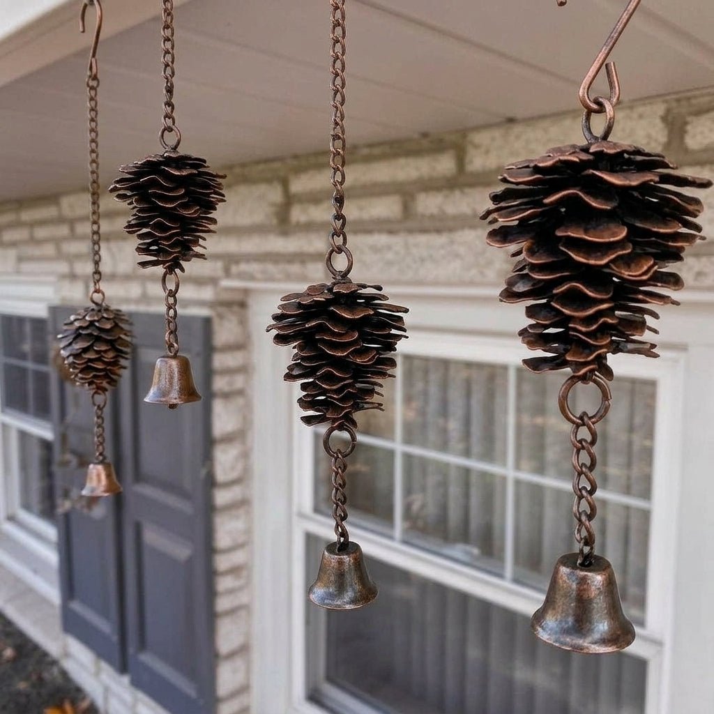 Pine Cone Wind Chime in Rustic Metal Design with Bell