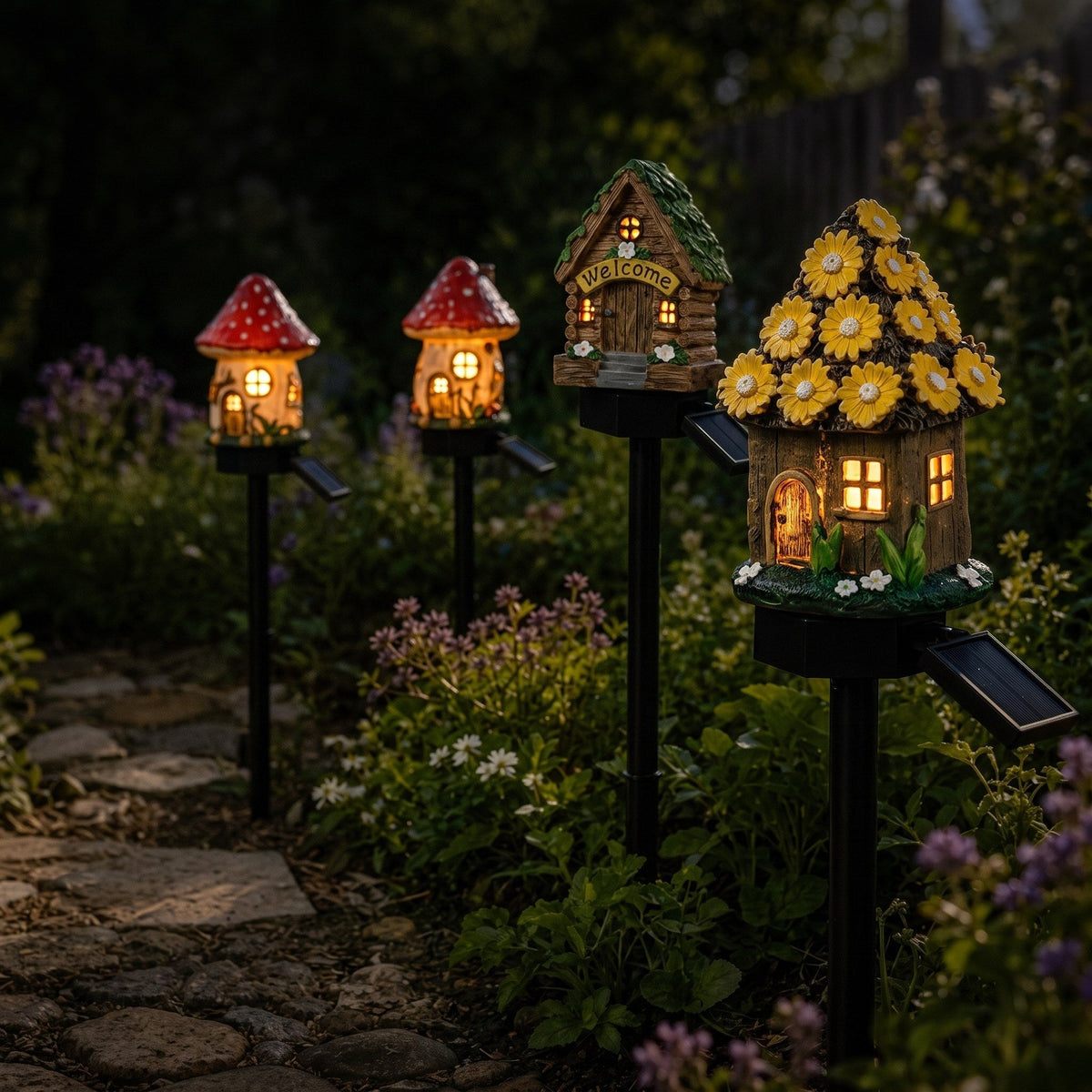 Fairy House Solar Lights for Garden - Set of 6 Unique Designs