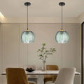 Green Hanging Light with Ribbed Glass Shade - Vintage Pendant Lamp