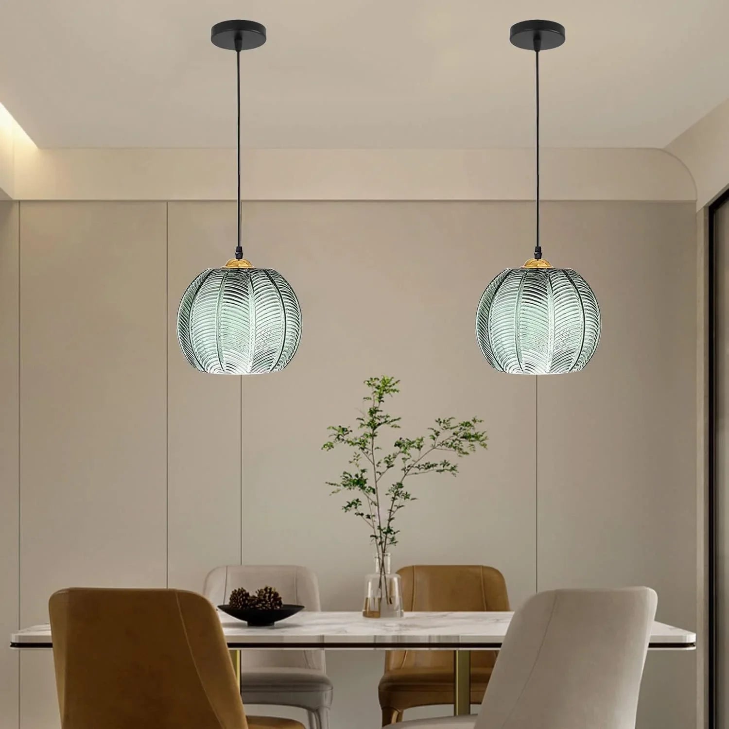 Green Hanging Light with Ribbed Glass Shade - Vintage Pendant Lamp