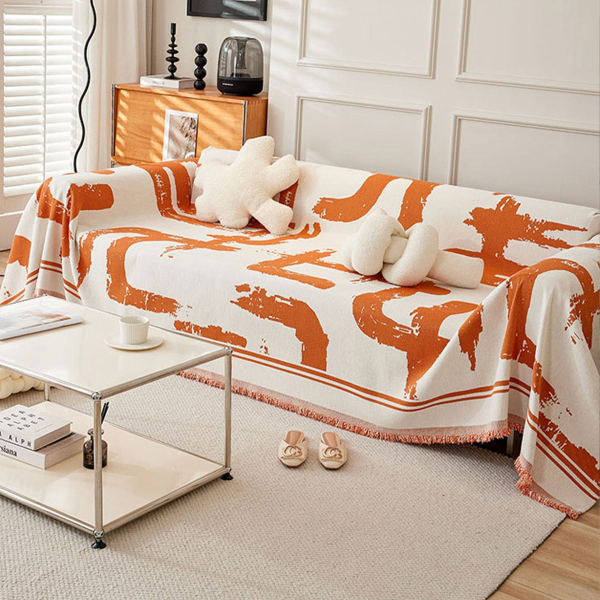 Abstract Patterned Sofa Slipcover with Fringed Edges