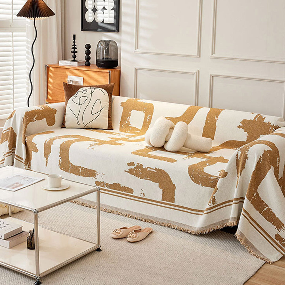 Abstract Patterned Sofa Slipcover with Fringed Edges