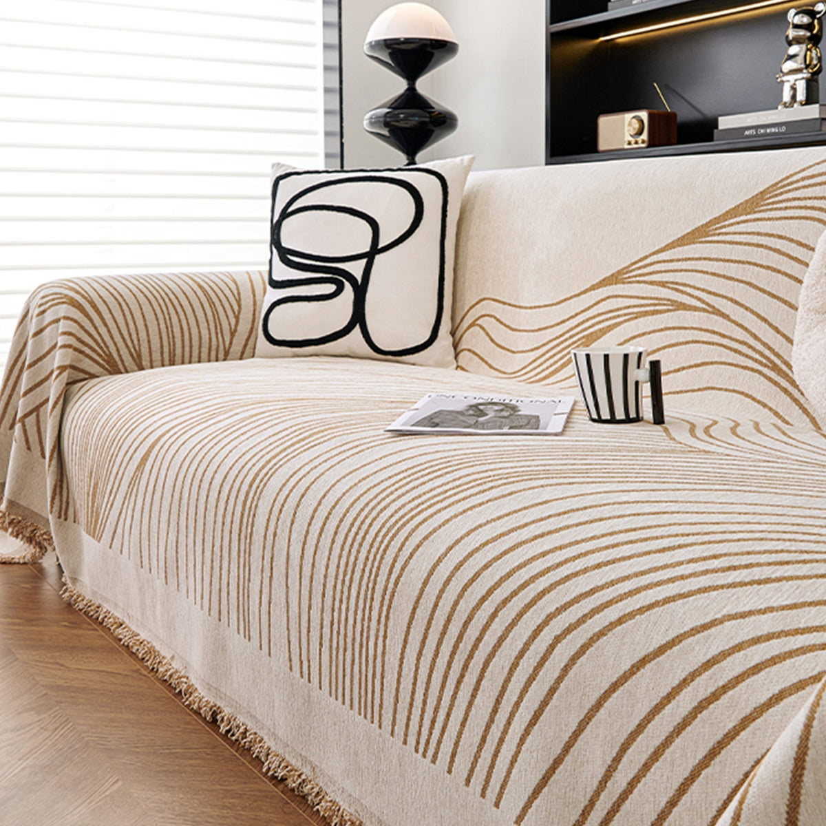Modern Wave Pattern Sofa Cover with Fringed Edges