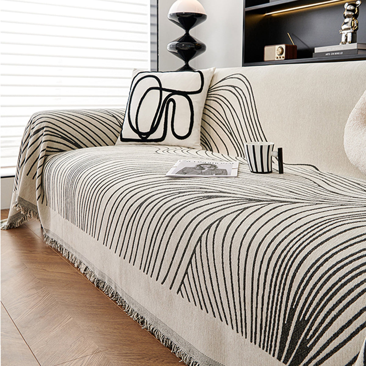 Modern Wave Pattern Sofa Cover with Fringed Edges