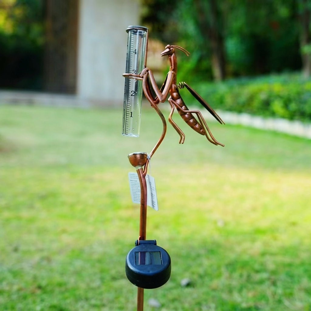 Lighted Rain Gauge Pole for Garden with Solar Praying Mantis Design
