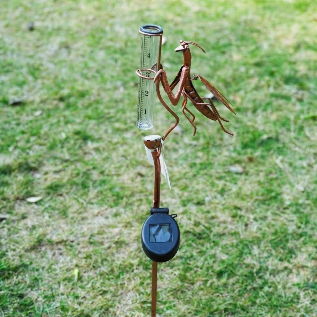 Lighted Rain Gauge Pole for Garden with Solar Praying Mantis Design