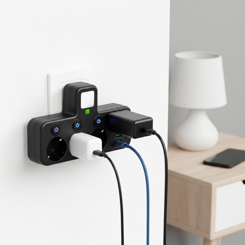 Wall-Mounted Power Strip with USB Ports and Surge Protection