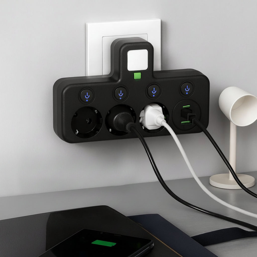 Wall-Mounted Power Strip with USB Ports and Surge Protection