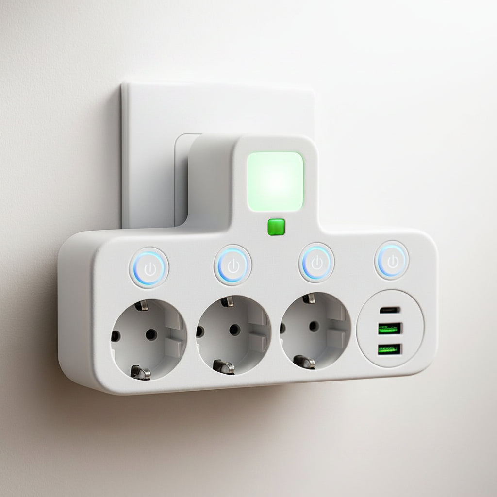 Wall-Mounted Power Strip with USB Ports and Surge Protection
