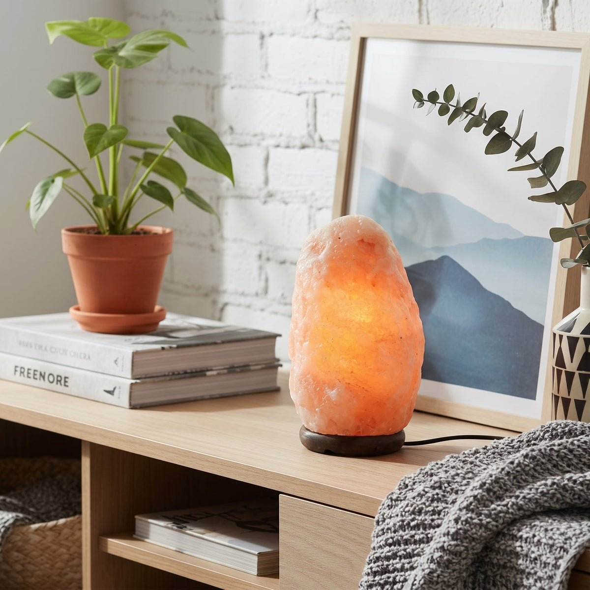 Himalayan Salt Style Table Lamp with Wooden Stand