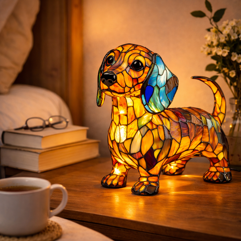 LED Nightlight Table Lamp with Stained Glass Dog Design for Bedroom