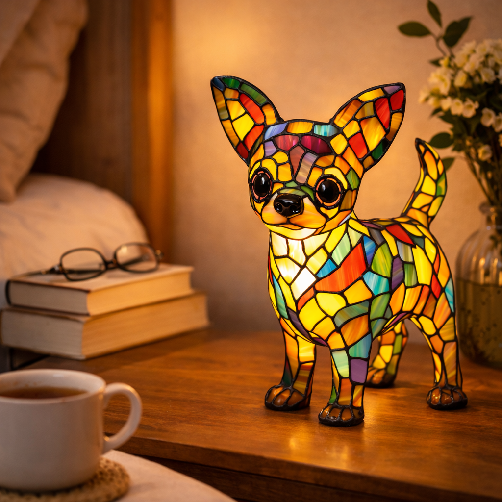 LED Nightlight Table Lamp with Stained Glass Dog Design for Bedroom