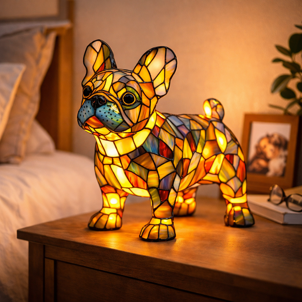 LED Nightlight Table Lamp with Stained Glass Dog Design for Bedroom