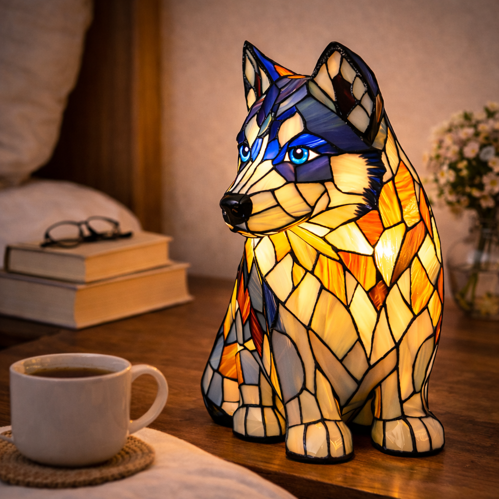 LED Nightlight Table Lamp with Stained Glass Dog Design for Bedroom