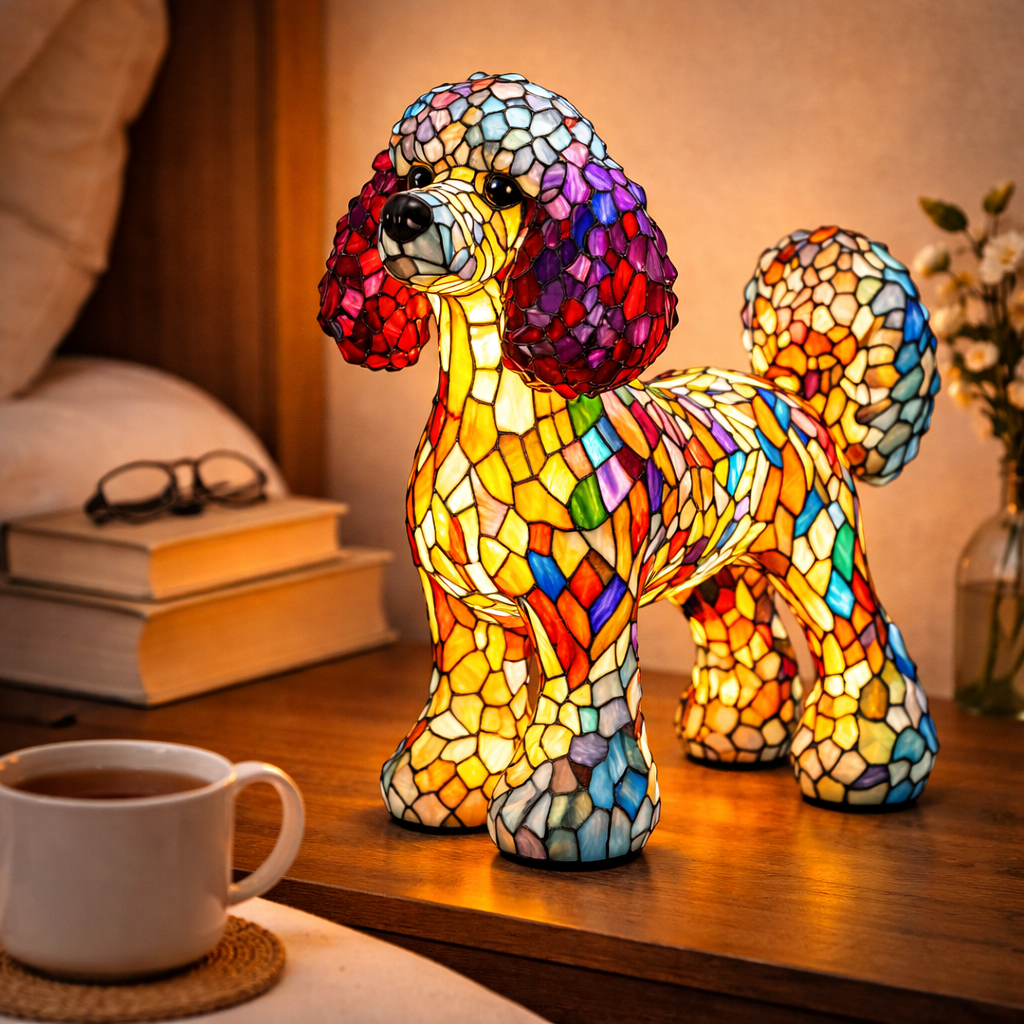 LED Nightlight Table Lamp with Stained Glass Dog Design for Bedroom