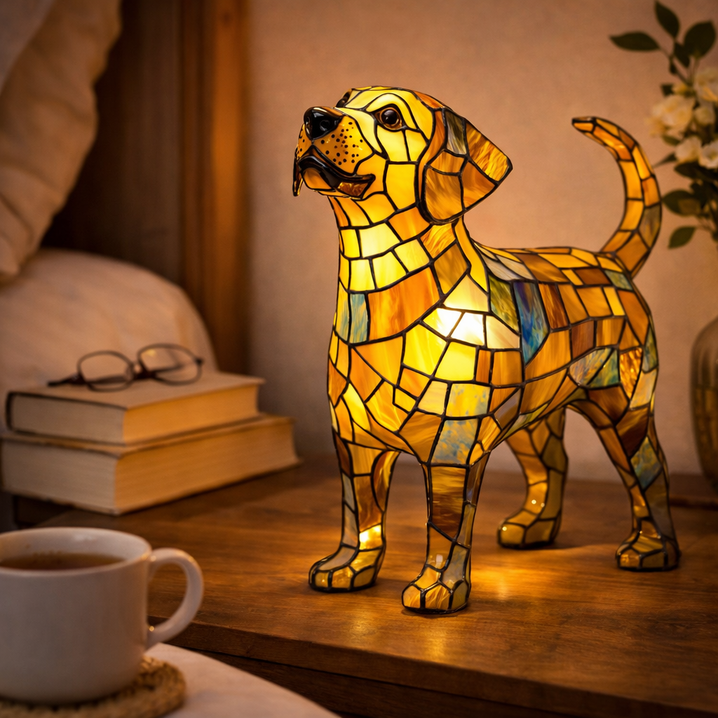 LED Nightlight Table Lamp with Stained Glass Dog Design for Bedroom