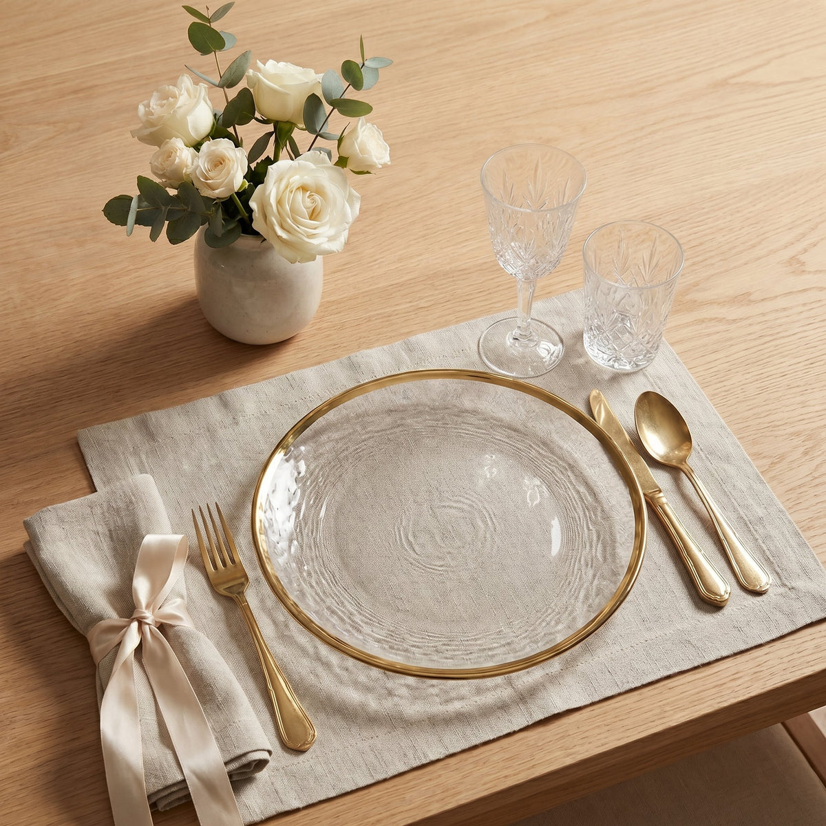 Clear Dinnerware Set with Gold Edge Trim