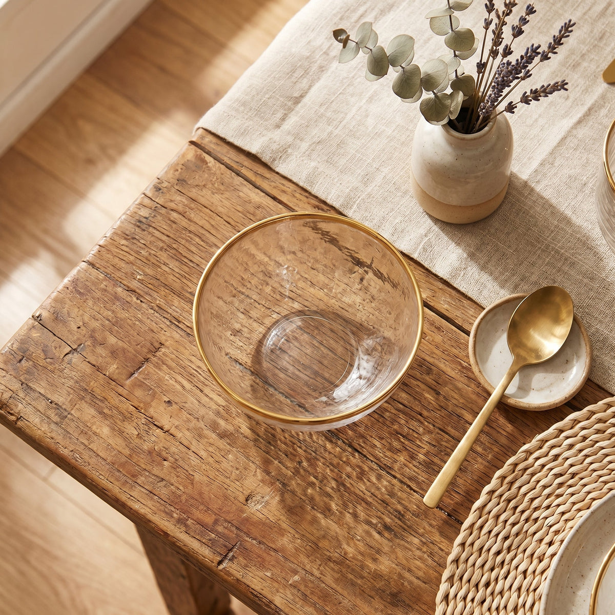 Clear Dinnerware Set with Gold Edge Trim