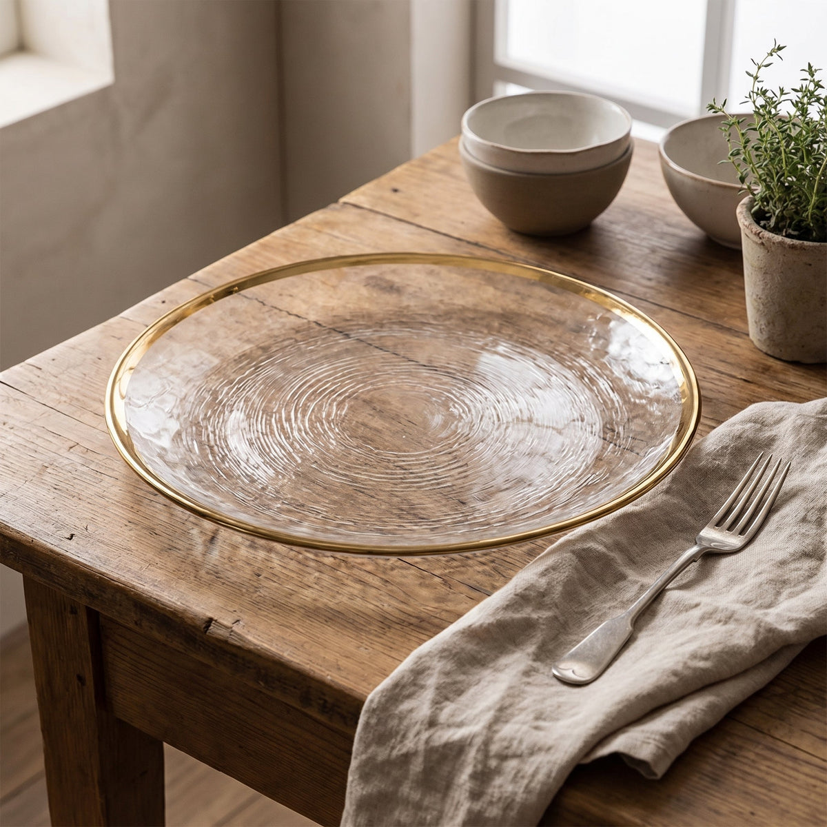 Clear Dinnerware Set with Gold Edge Trim