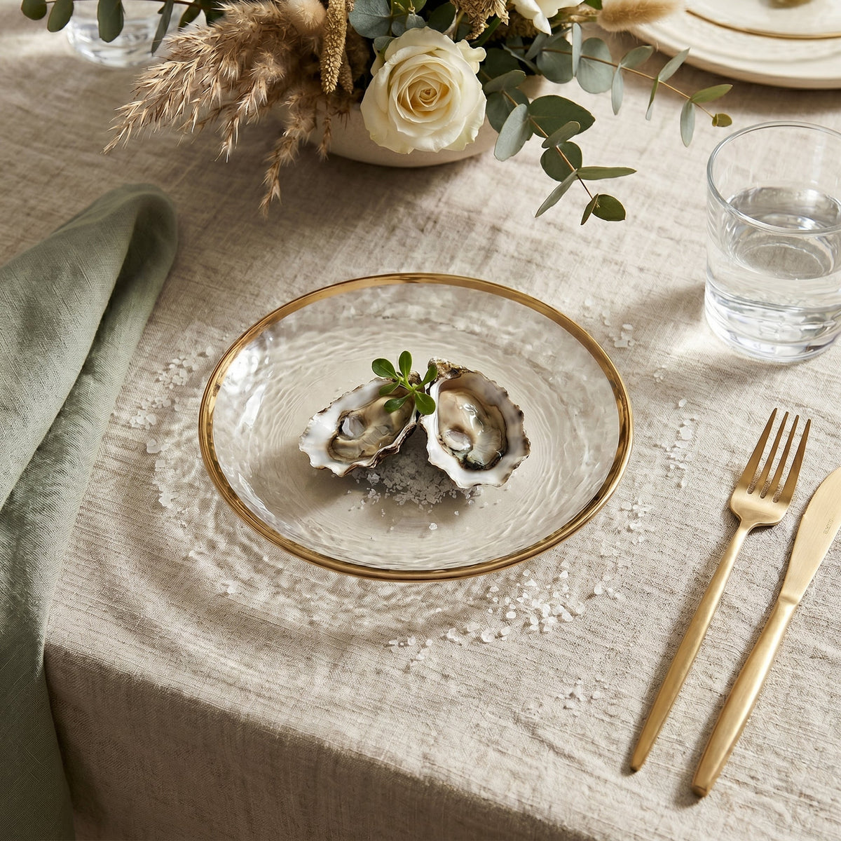 Clear Dinnerware Set with Gold Edge Trim