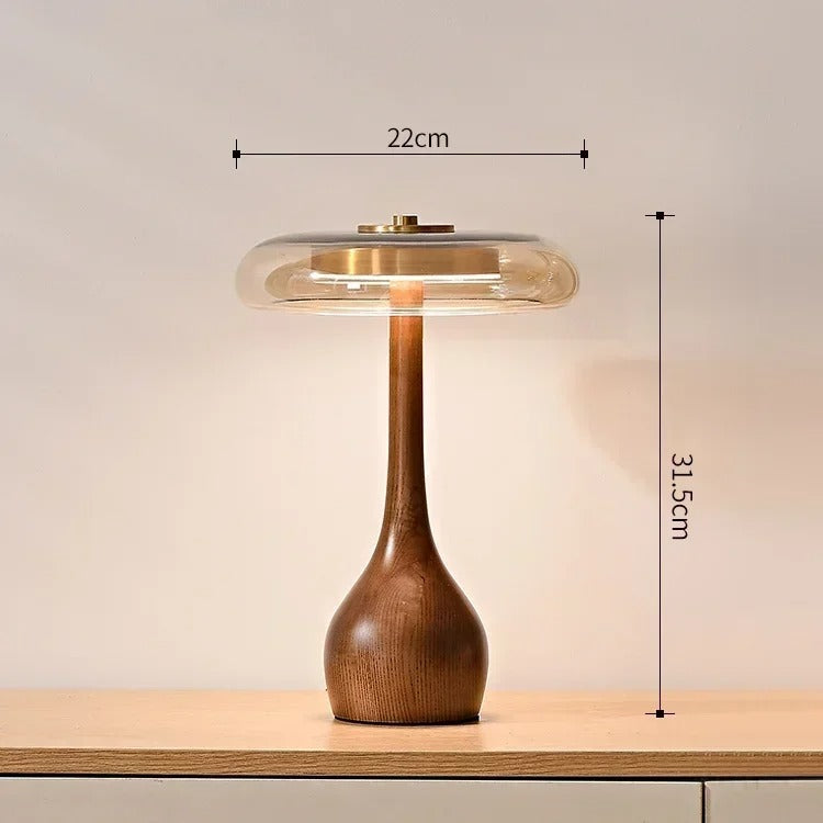 Modern Accent Light – Glass Table Lamp with Brass and Wood Elements