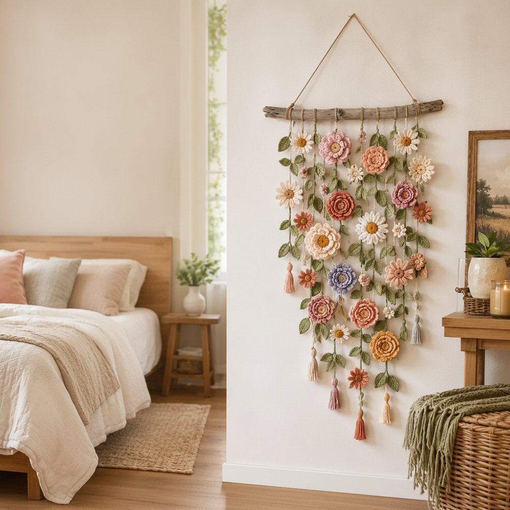 Tassel-Trimmed Flower Wall Decor in Crochet Design