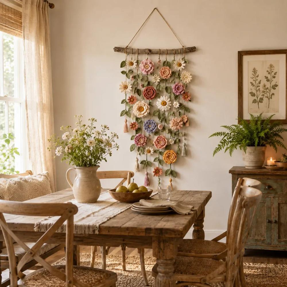 Tassel-Trimmed Flower Wall Decor in Crochet Design