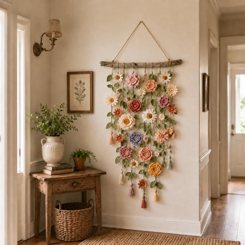 Tassel-Trimmed Flower Wall Decor in Crochet Design