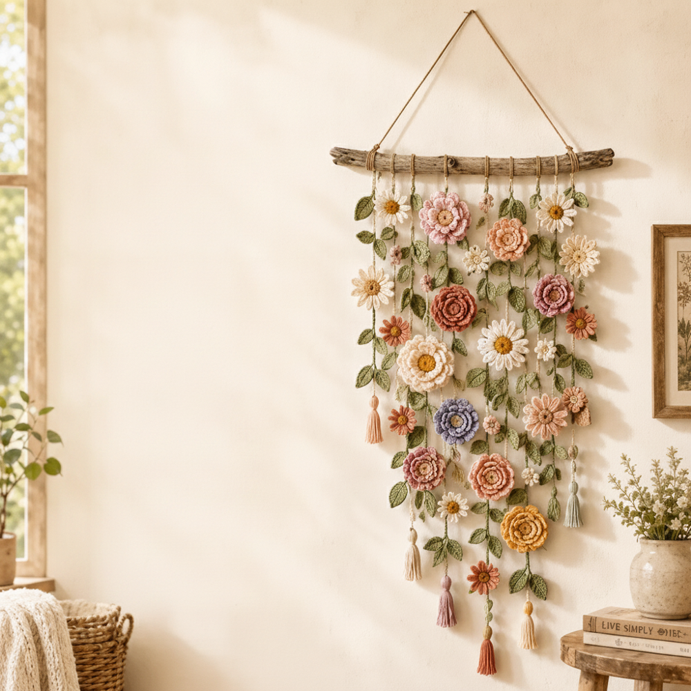 Tassel-Trimmed Flower Wall Decor in Crochet Design