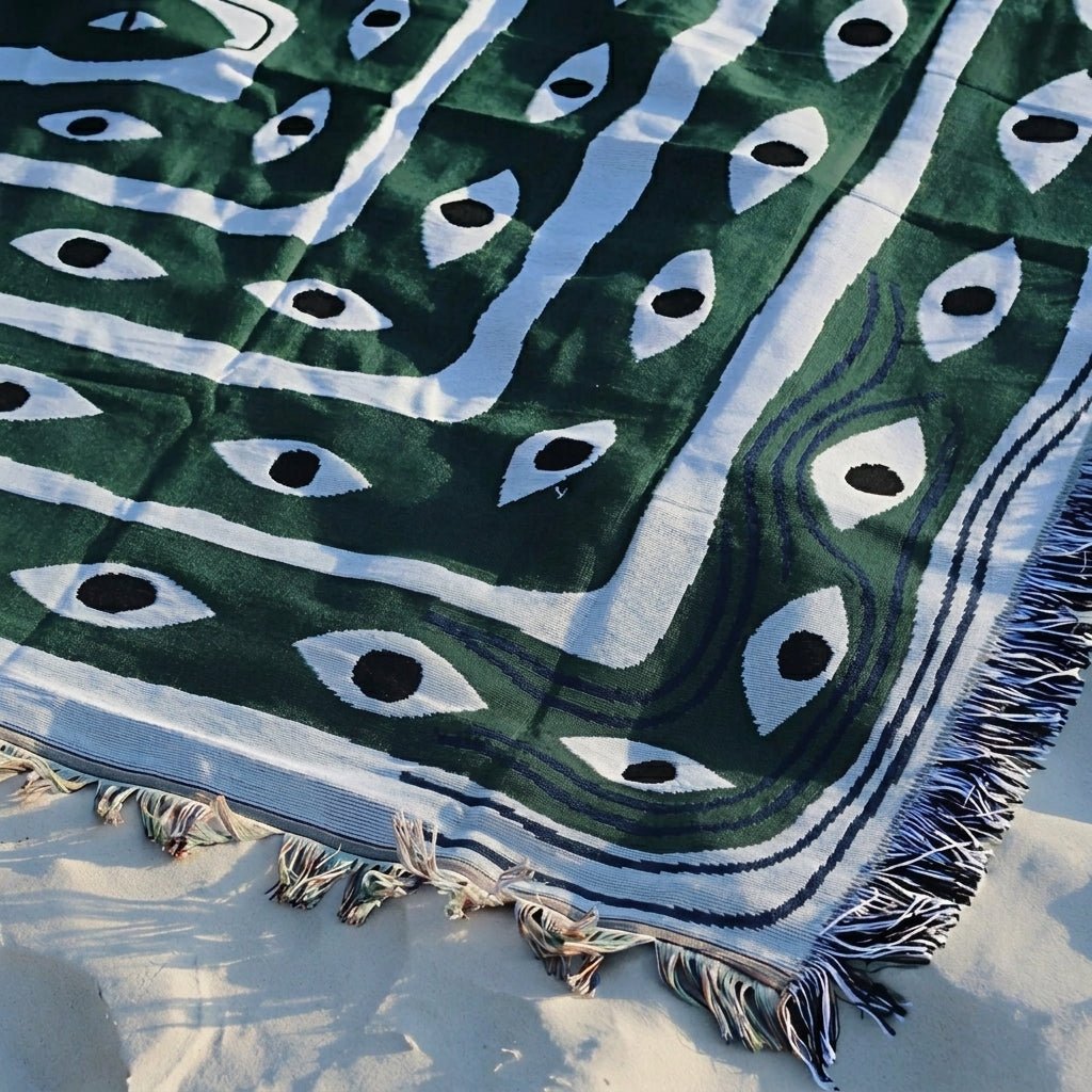 Fringed Edge Blanket Featuring Evil Eye Design in Woven Fabric
